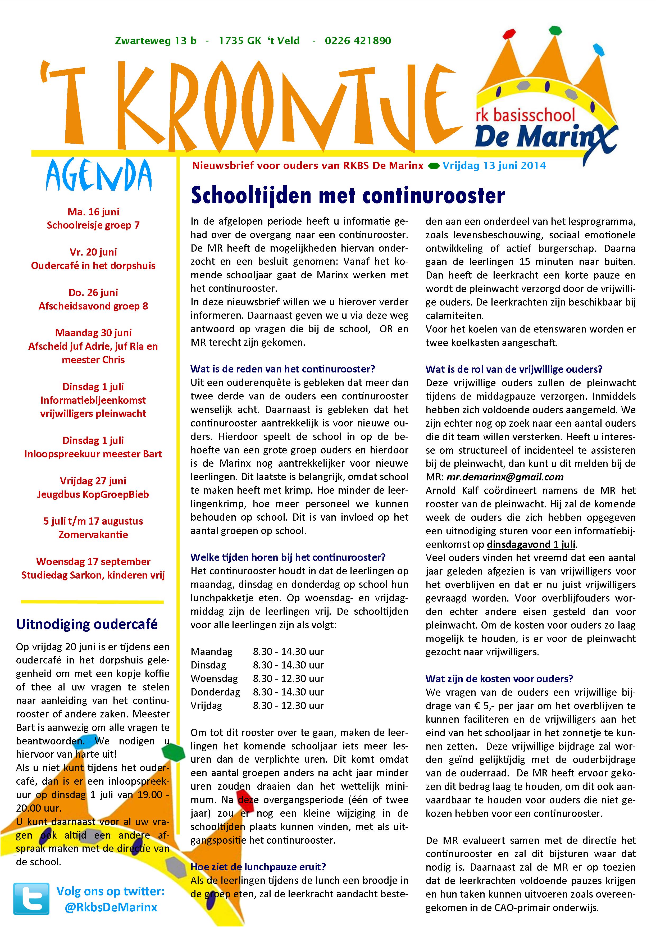 Nieuwsbrief schooltijden en continurooster