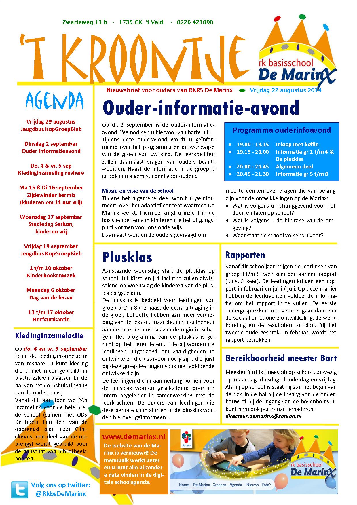 Nieuwsbrief ’t Kroontje 22 augustus 2014