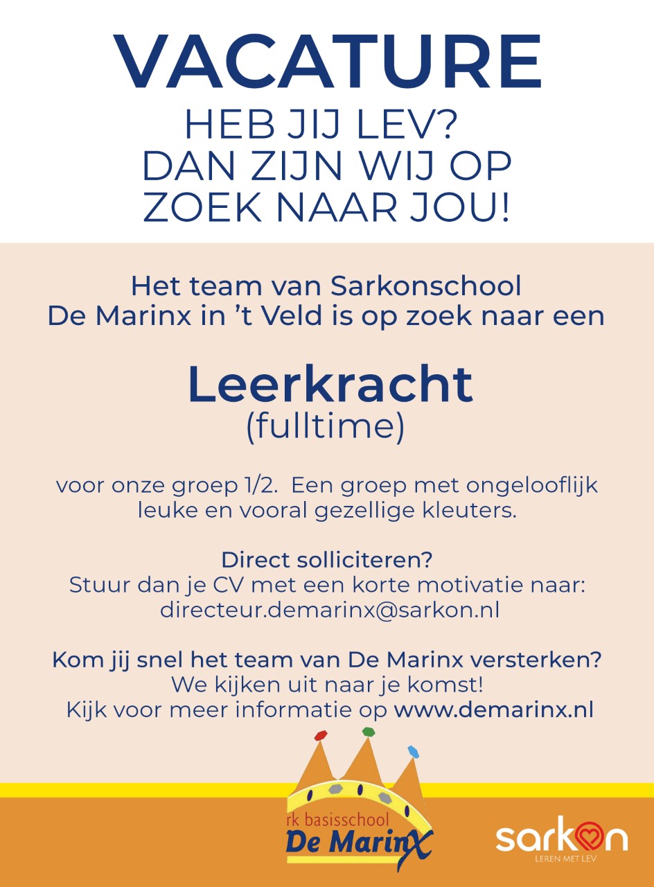 Vacature Fulltime leerkracht groep 1/2